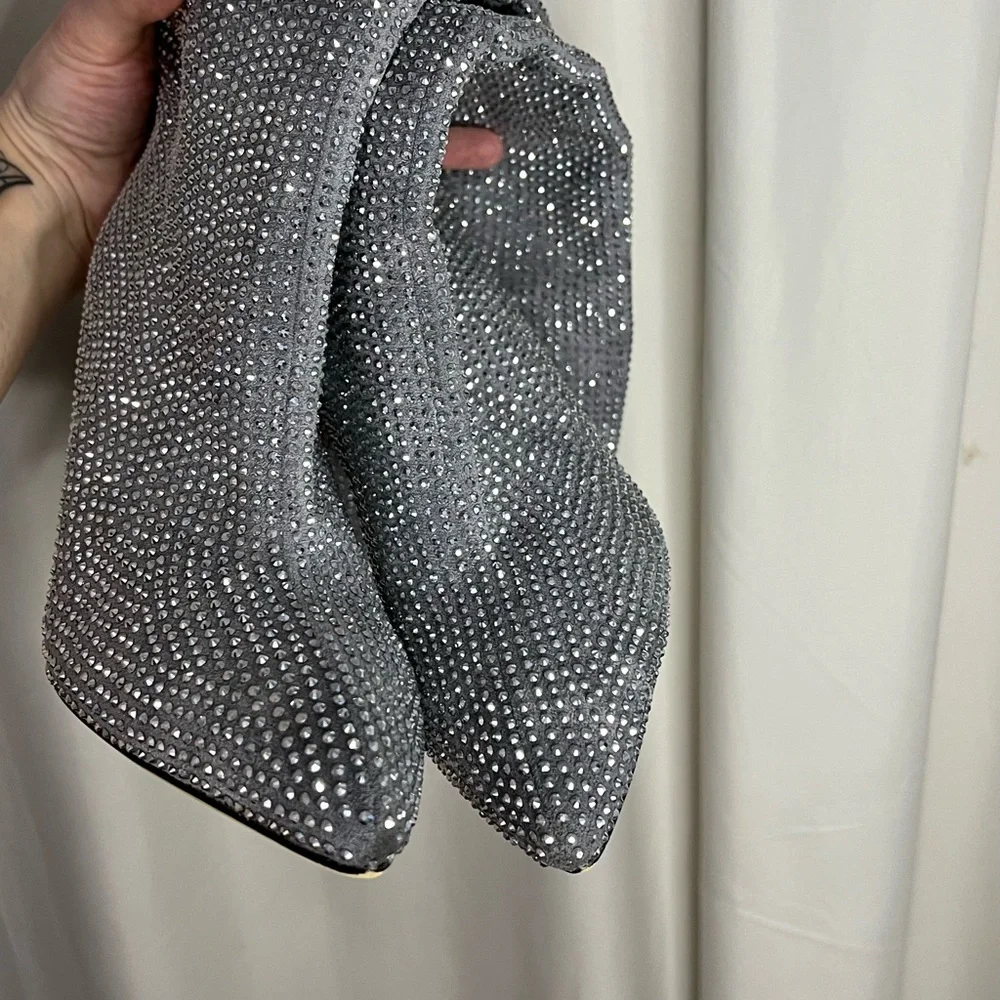 Silver Rhinestone Stiletto Women's Knee-High Boots - Picture 7 of 14